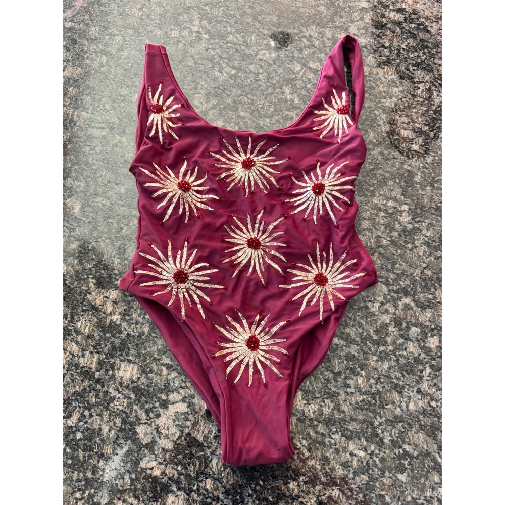 Oceanus Swimwear Margot One Piece Burgundy Gold Sequin Sunburst Beaded XS